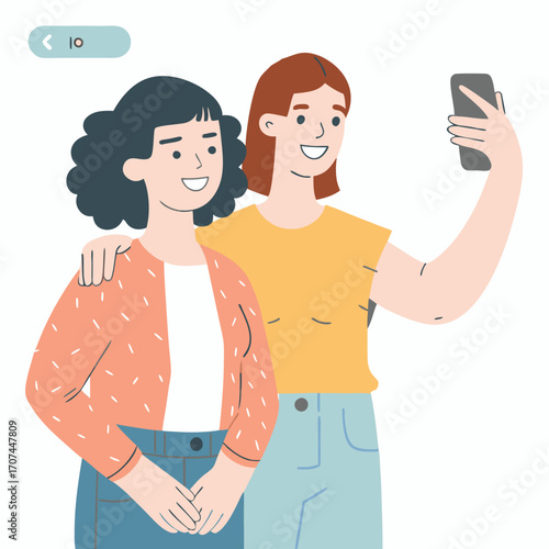 Two Smiling Women Taking A Selfie Together Capturing A Moment Of Friendship And Joy In A Flat Cartoon Style