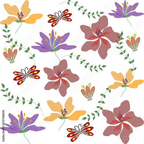 Seamless floral pattern with geometric flowers and leaves suitable for textile wallpaper and digital design.