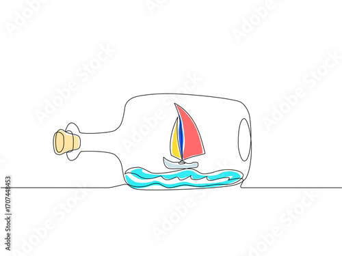 Minimal one line drawing of a sailboat in a bottle with colorful sails and blue waves, simple nautical concept, creative illustration of travel and adventure. Vector Editable stroke