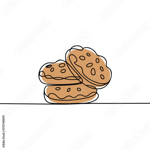 Continuous Simple black line art drawing of a cookies in a minimalist style on a white background.