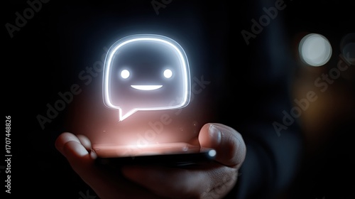 Hand holding phone with glowing chat icon