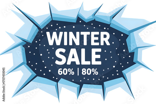 Winter sale banner with ice shards and snow isolated on transparent background