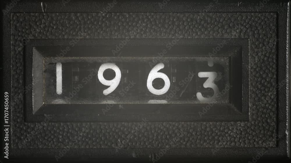Analog counter scrolls forward from 1960 to 1969, vintage numeric ...