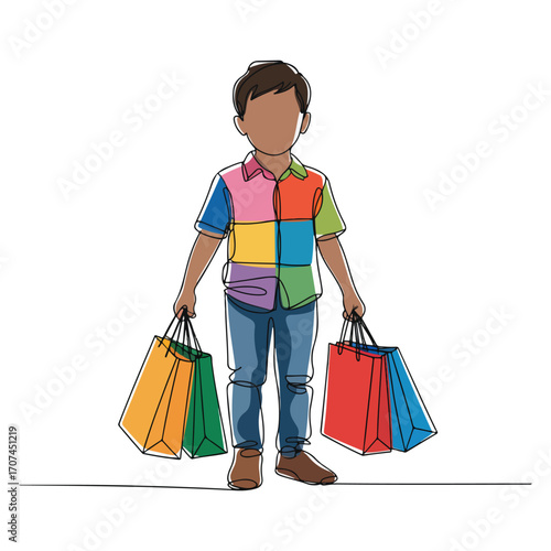 Continuous Simple black line art drawing of a Shopping Boy in a minimalist style on a white background.