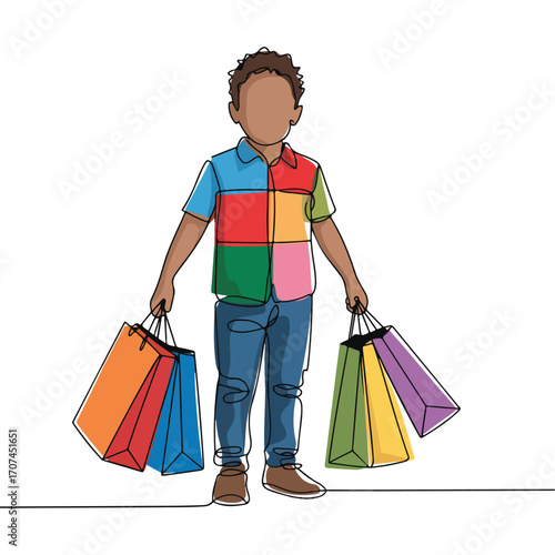 Continuous Simple black line art drawing of a Shopping Boy in a minimalist style on a white background.