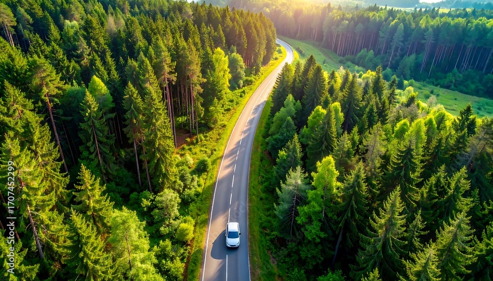 custom made wallpaper toronto digitalWinding road through a lush forest. Sunlight highlights the scene
