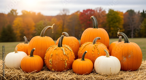 Autumnal Harvest: A bountiful display of pumpkins and gourds on a hay bale backdrop with colorful