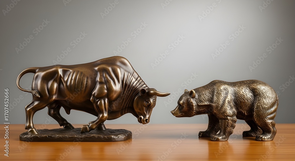 Fototapeta premium Bull and Bear Market Investment Concept (Realistic depiction of bull and bear representing stock market trends.)