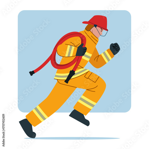 Firefighter running while carrying fire hose