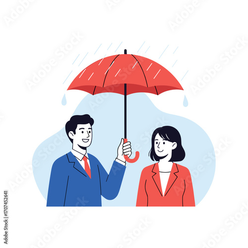 A Generous Man Holds an Umbrella Over a Woman Providing Protection and Care During a Downpour