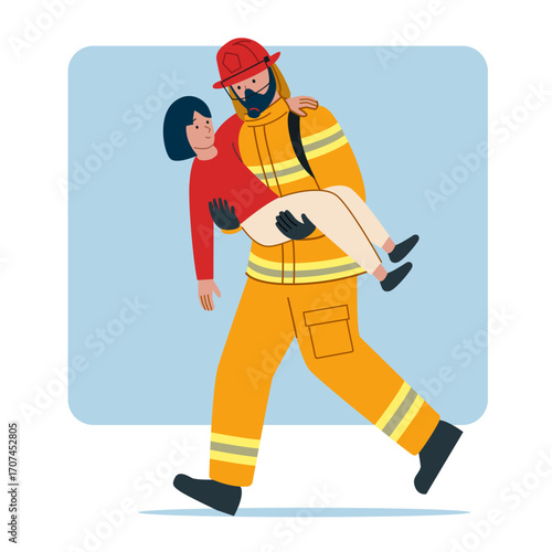 Firefighter Carrying a Girl. Fireman wears full protective gear and represents heroism and emergency rescue action