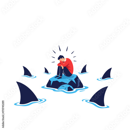 Desperate individual trapped on a small island surrounded by menacing shark fins representing imminent danger and overwhelming fear