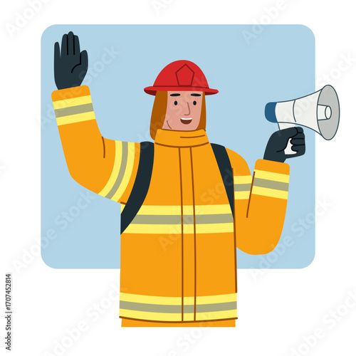 Firefighter with Megaphone Giving Instruction. Fireman wearing safety gear and using a megaphone to give emergency instructions or public safety announcements.