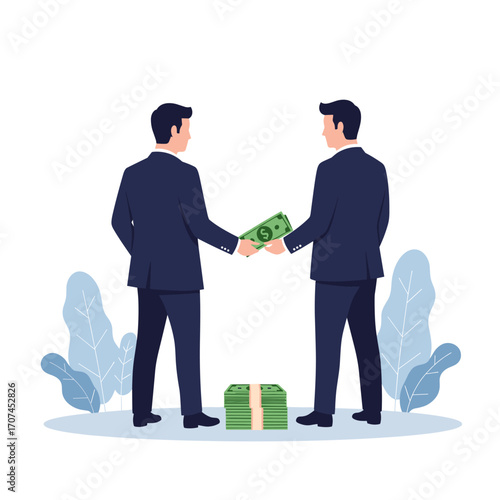 Two businessmen exchanging money and a stack of cash on a table illustrating financial transactions and economic exchange