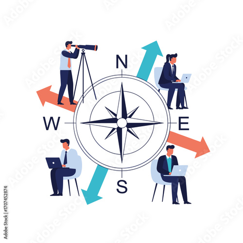 Business Professionals Navigating Opportunities and Strategies Using a Compass for Direction and Growth