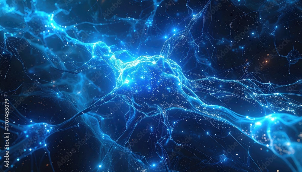 Fototapeta premium Abstract Electric Blue Veins and Nodes Network in Deep Space Science Concept