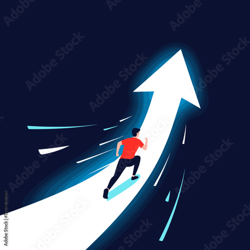 Man running up a bright glowing arrow symbolizing ambition growth success and achieving goals