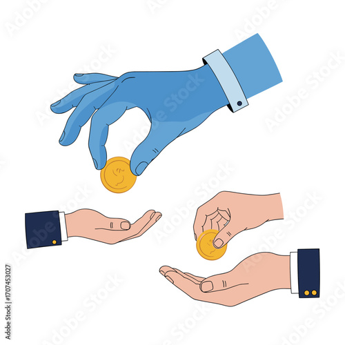 Illustrating the Concept of Giving Money to Others with Various Hands and Coins in an Artistic Style