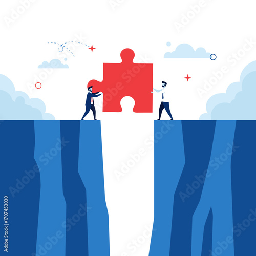 Two business people collaborate to place a red puzzle piece bridging a large gap