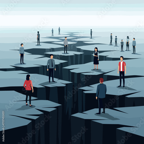 Diverse individuals stand on isolated fragmented landmasses separated by deep crevasses illustrating societal division and disconnection in a conceptual illustration