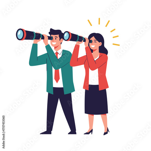 Business professionals looking into the distance through a telescope searching for future opportunities and growth