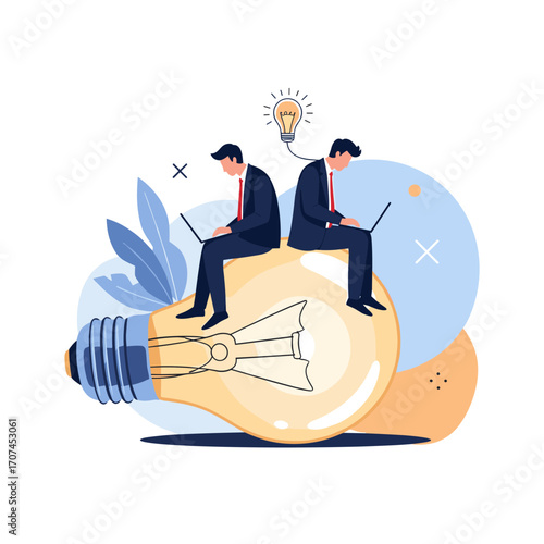 Two businessmen sitting on a giant light bulb working on laptops generating new ideas and innovation concepts