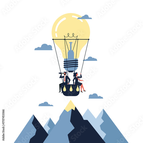Two people in a hot air balloon shaped like a light bulb searching for new opportunities and innovative ideas over mountains
