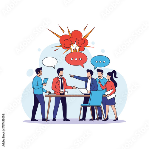 Team disagreement leading to conflict during a crucial business meeting with ideas clashing and explosive tension developing