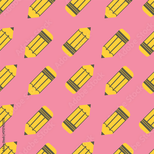Seamless pattern with yellow pencils on a  pink background. Seamless pattern for textiles, packaging, backgrounds.