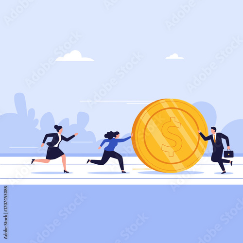 Business People Chasing a Giant Gold Coin Symbolizing Financial Growth and Opportunity
