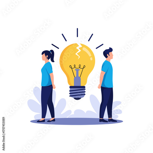 Two people facing away from a broken lightbulb representing a bad idea or failed innovation concept