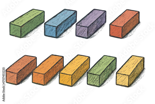 Set of colorful rectangular blocks in a hand-drawn charcoal pencil sketch style. Vector illustration of colored chalk pastels. Art supply collection for creativity and drawing.