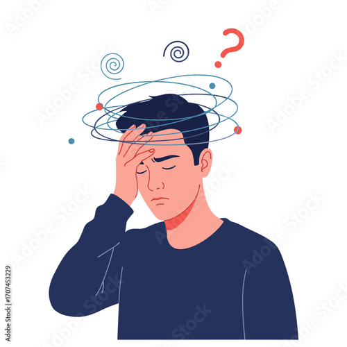 Illustration of a person experiencing dizziness and confusion with swirling lines around their head and a question mark