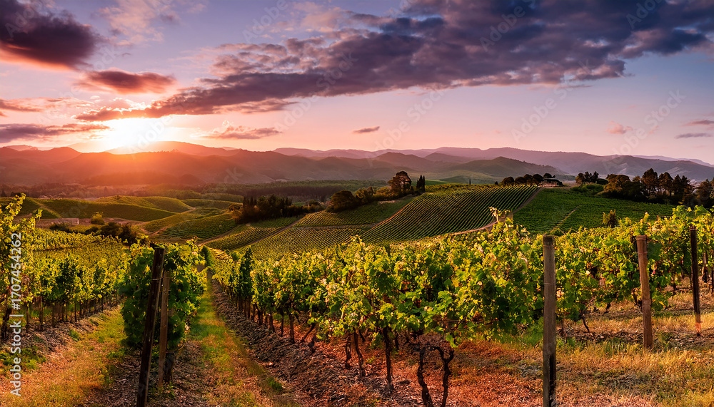 Fototapeta premium Tuscan Vineyard Hills at Sunset with Colorful Sky and Green Vines wine grapes