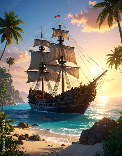 Wallpaper Mural Pirate ship at sunset, tropical paradise Torontodigital.ca