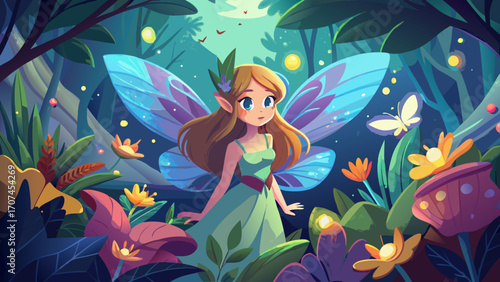 Enchanted forest fairy girl surrounded by glowing butterflies and soft greenery, bringing magic and innocence to a dreamy vector scene.