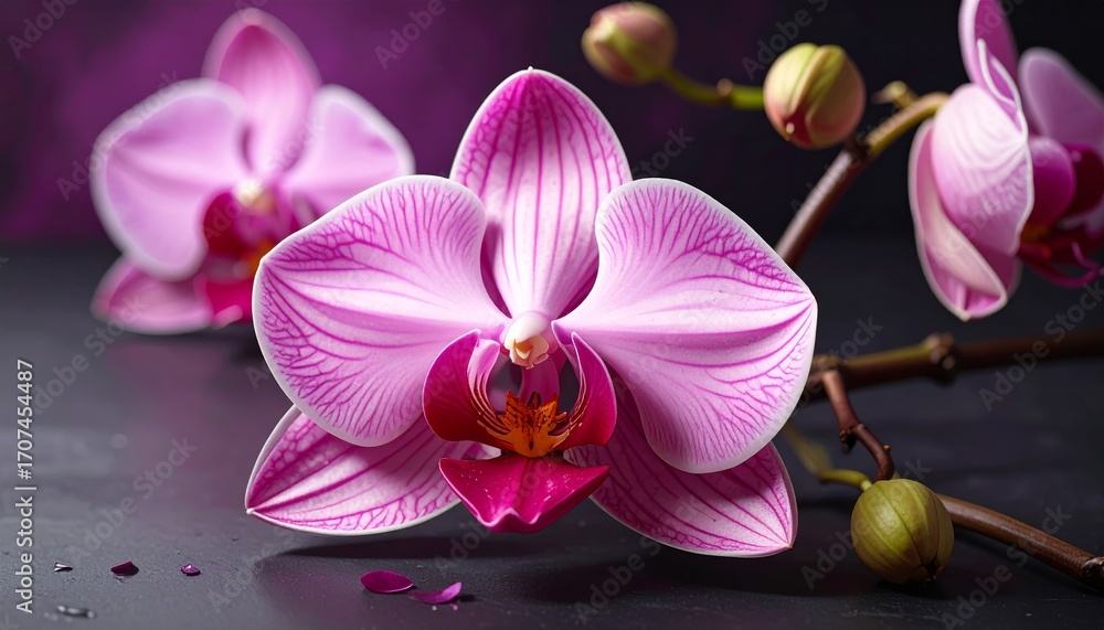 Obraz premium A close-up of a beautiful pink phalaenopsis orchid blossom isolated on a black background