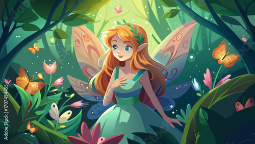 Enchanted forest fairy girl surrounded by glowing butterflies and soft greenery, bringing magic and innocence to a dreamy vector scene.