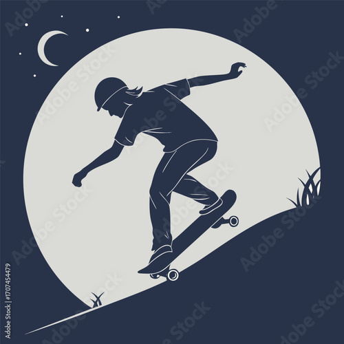 Skateboarder silhouette skateboarding moonlit night extreme sport action skater trick skateboard outdoor activity | editable eps