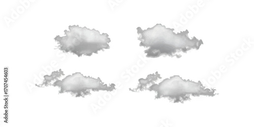 A collection of four realistic, fluffy grey cumulus clouds isolated on a clean white background for design element and composition