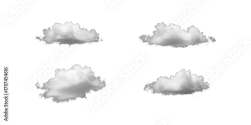 Collection of four realistic gray cumulus clouds isolated against a pure white background for design and meteorological concepts