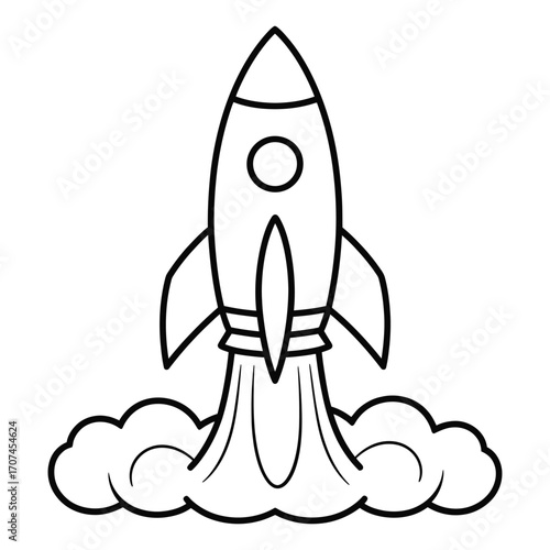 Simple cartoon rocket ship launching with clouds of smoke and fire