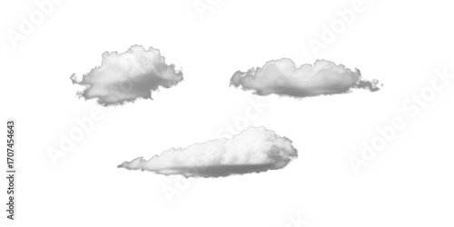 A realistic set of three distinct fluffy white cumulus clouds isolated on a clean white background for design or sky composites