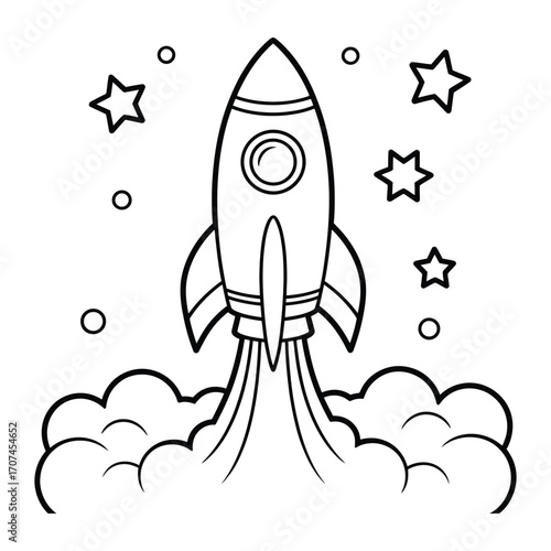 Cartoon rocket ship blasting off into space with stars and clouds illustration