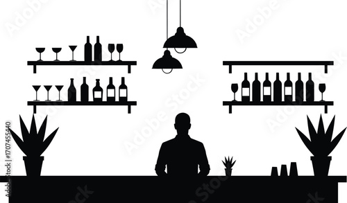bar, bartender, counter, drink, glass, bottle, shelf, wine, cocktail, plant, light, silhouette, vector, black, white, pub, lounge, service, interior, design