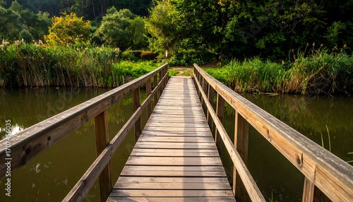 Wallpaper Mural Wooden bridge over calm water leading to a wooded area Torontodigital.ca