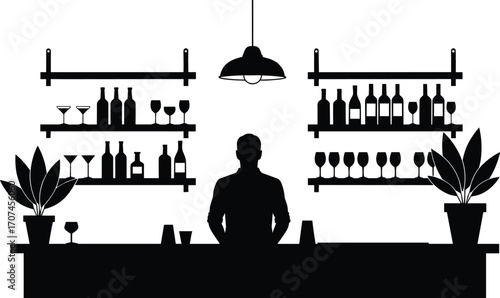 bar, bartender, counter, drink, glass, bottle, shelf, wine, cocktail, shaker, plant, light, silhouette, vector, black, white, pub, lounge, service, design