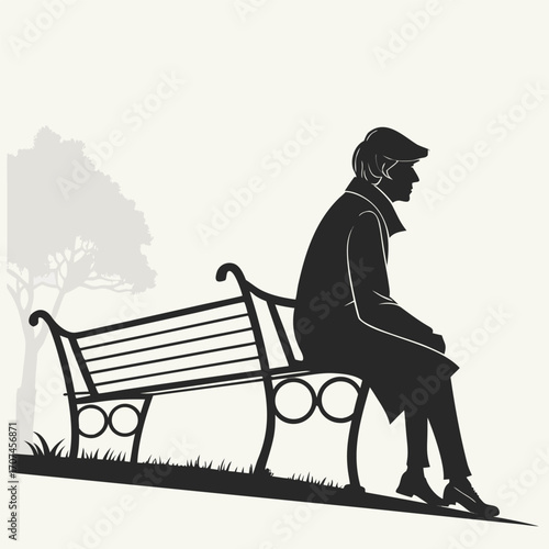 Silhouette of a person sitting on a park bench with tree outline in the background vector illustration | editable eps