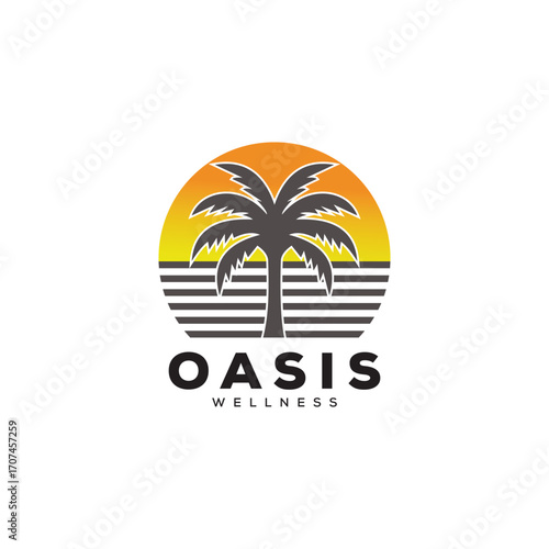 Illustration of a beautiful beach with calm palm trees and waves logo design.