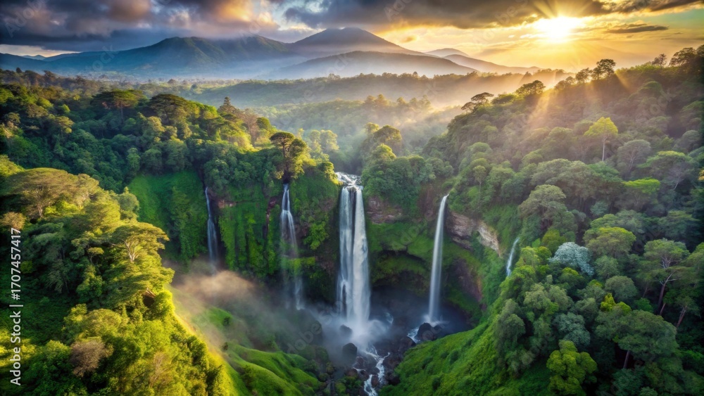 Fototapeta premium Majestic Waterfall Surrounded by Lush Green Forest in Sunrise Glow